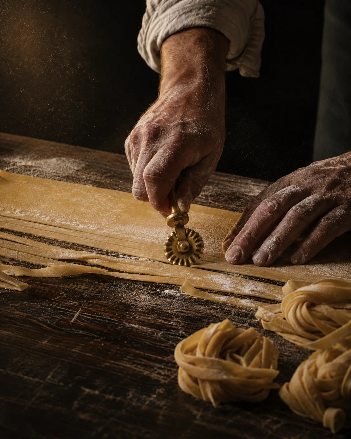 Pomúčené ruky režú čerstvé tagliatelle